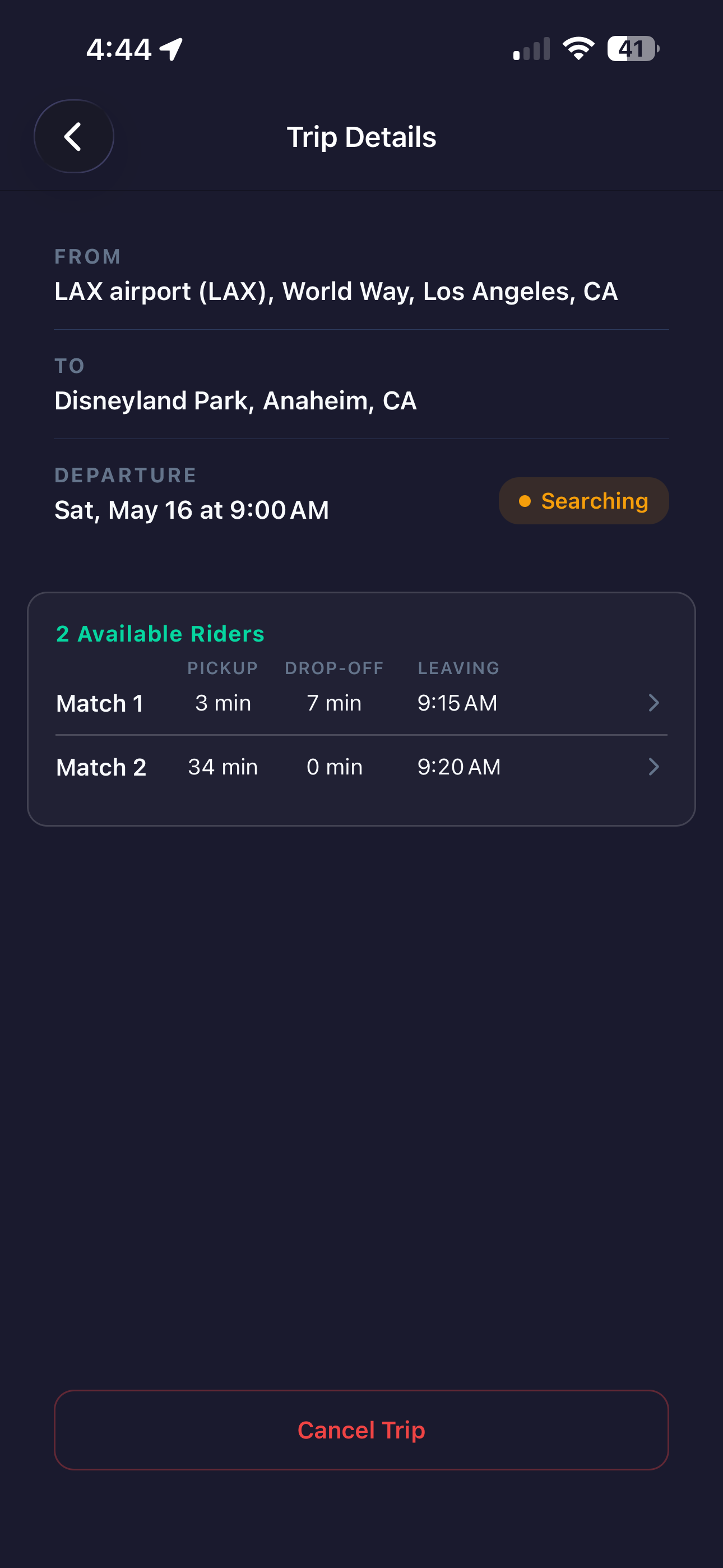 Trip details with a list of available rider matches