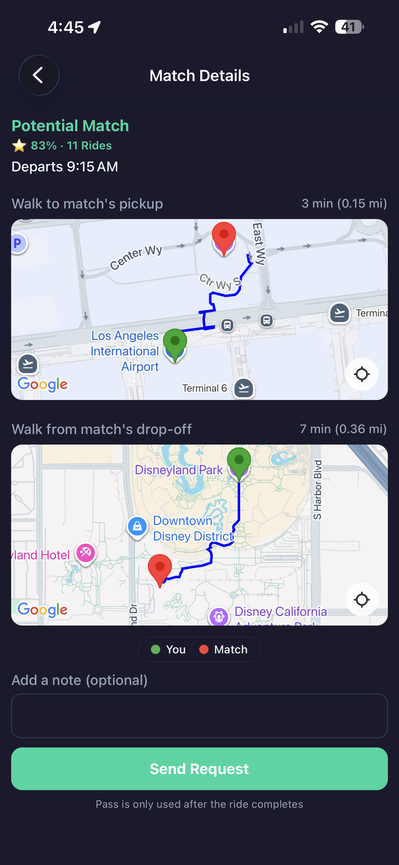 Match details with walk-to-pickup and walk-from-drop-off maps, Send Request button