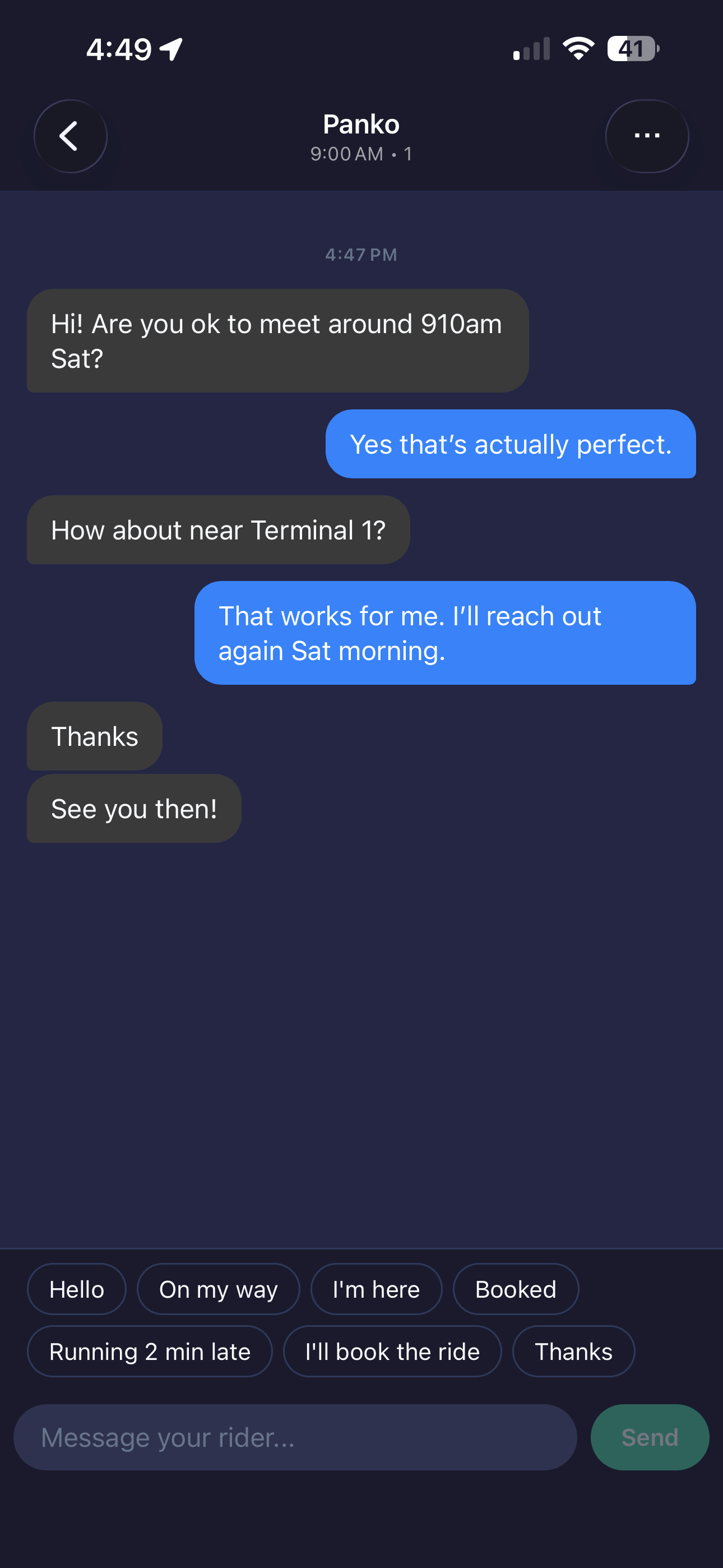 Chat conversation with the matched rider, quick reply buttons