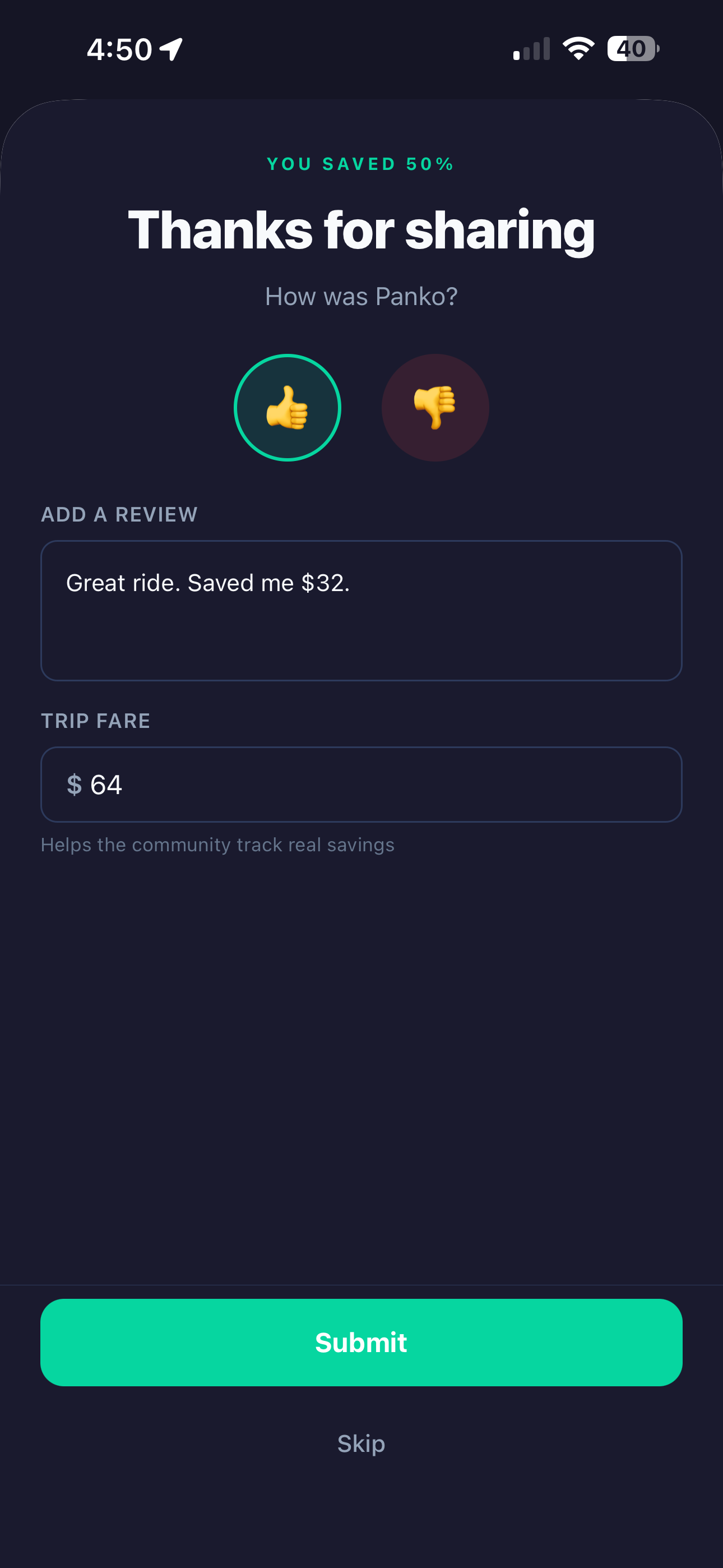 Trip-complete screen showing You Saved 50% and a rating prompt